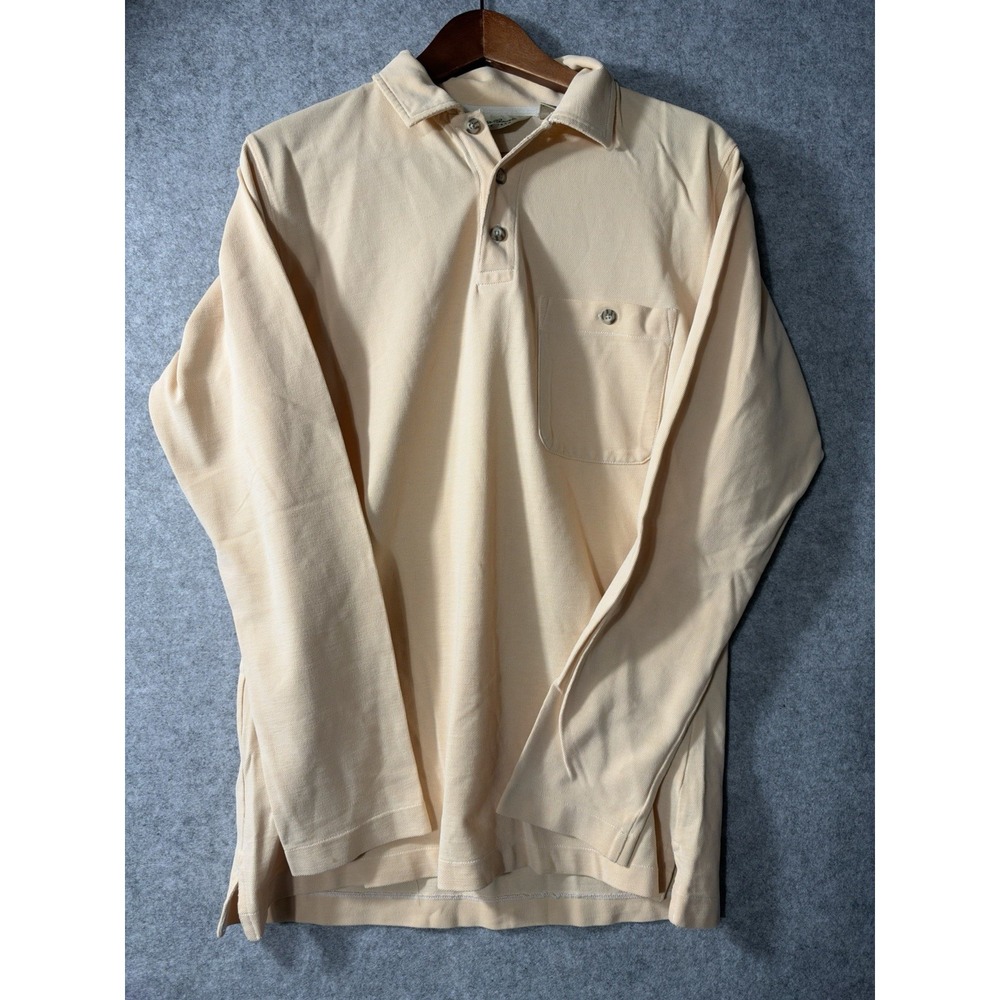 Vintage Eddie Bauer Long Sleeve Polo Mens Small Beige 100% Cotton Made Jamaica
